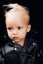 Not calm listen to rock. Adorable small music fan. Music for children. Little rock star. Little child boy in rocker Royalty Free Stock Photo