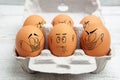 Not complying with social distancing rules and wearing face mask in public - concept depicted with faces illustrated on eggs.