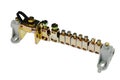 Not covered equipotential electric bounding bar with brass screws, white background