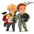 Not female professions, Strong woman pilot and builder constructor in uniform with military helmet in his arms , hard