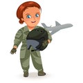 Not female professions, Strong woman pilot in uniform with military helmet in his arms , hard working girl, feminists Royalty Free Stock Photo