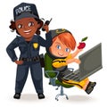 Not female professions, strong woman police officer uniform with holding radio set and programmer hacker programming on