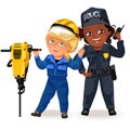 Not female professions, strong woman police officer uniform with holding radio set , safety secutiry girl, feminists