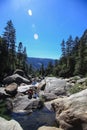 River with fishing man in forest in Yosemite national park