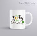 Not Lucky Just Blessed. Funny design with typography, horseshoe and clover. Illustration with coffee mug mockup Royalty Free Stock Photo