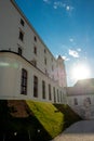 Not ordinary view of Bratislava castle from behind back yard part of castle garden