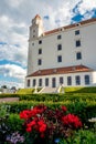 Not ordinary view of Bratislava castle from behind back yard part of castle garden