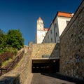 Not ordinary view of Bratislava castle from behind part of castle mural