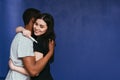 We are not pregnant. Happy couple hug with relief. Royalty Free Stock Photo