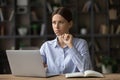 Pensive teen female student feel unsure taking remote exam online