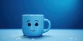 Not Sad blue cute mug with smiling emoji, on a blue background, blue monday, copy space, banner