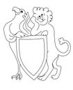 Frivolous lion and eagle hold arms. Vector black outline image.