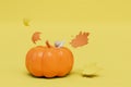 not soon before Halloween. a snail sitting on a pumpkin around which leaves scatter on a yellow background. 3D render