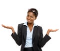 Not sure how to feel about that. Studio shot of a young businesswoman looking unsure against a white studio background.