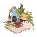 Not tested on animal natural organic cosmetics vector flat composition. Bottles with cosmetics, fresh herbs illustration