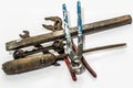 Not to use old tongs, spanner and open end wrench, tools Royalty Free Stock Photo