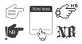 Nota bene latin phrase black icons. Forefinger and empty text box. Isolated vector illustration