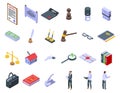 Notary services icons set isometric vector. Office laptop finance