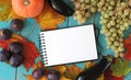 Note book and composition of vegetables on blue wooden desk. Royalty Free Stock Photo