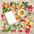 Note book cup black coffee. Autumn background vintage Royalty Free Stock Photo