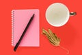 Note book, dry leaf, cup and a pen Royalty Free Stock Photo