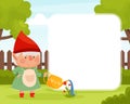 Note Card with Fantastic Gnome Character in Red Pointed Hat Vector Set