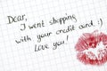 Note - Dear, I went shopping with your credit card. Love you! wi Royalty Free Stock Photo