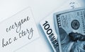 Note Everyone has story and money banknotes. Business case study concept Royalty Free Stock Photo