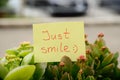 Note with handwritten text Just smile among beautiful plants against blurred background Royalty Free Stock Photo