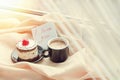 Note I love you with cup of coffee and cake Royalty Free Stock Photo