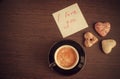 Note I love you with cup of coffee and cookies Royalty Free Stock Photo