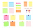 Note paper with adhesive tape, colorful pushpins and magnets - set of flat vector illustration.
