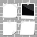 Note paper with corner and shadow. Empty photo frame template with tape in flat design style. Brick stone wall background. Gray co