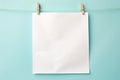 Note paper hanging with clothespins. White paper hung on laundry line, mockup, empty paper cards Royalty Free Stock Photo