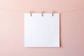 Note paper hanging with clothespins. White paper hung on laundry line, mockup, empty paper cards Royalty Free Stock Photo