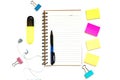Note paper, open notepad, blank multi-colored paper blocks for notes on a white background, pen, pencil