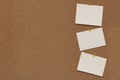 Note paper swith push pins on cork board. Empty paper pages for notes copy space Royalty Free Stock Photo