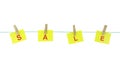 Note papers hanging with wood pegs on clothesline. Royalty Free Stock Photo