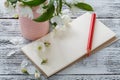Note, postcard, writing blossoms on a wooden vintage table. Spring pink flowers. Royalty Free Stock Photo