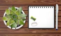 Note poster Vector. Promotion banner concept. White notesbook and green cactus on wooden textures Royalty Free Stock Photo