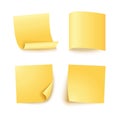 Note sheet of yellow paper set with different shadow. Blank post for message, to do list, memory. Set of four vector