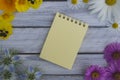 A note on a wooden surface framed by summer flowers 1 Royalty Free Stock Photo