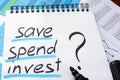 Note with words save spend invest.