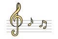 Note writing. On a stave of five lines, a treble clef and notes are drawn. Golden musical signs