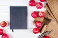 Notebook and apple on linen textiles on white wooden vintage background top view, dieting fruit with blank empty space Royalty Free Stock Photo