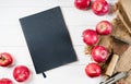 Notebook and apple on linen textiles on white wooden vintage background top view, dieting fruit with blank empty space Royalty Free Stock Photo