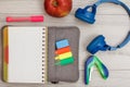 Notebook on bag-pencil case with color felt pens and marker, app Royalty Free Stock Photo