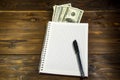 Notebook with ballpoint pen and dollar banknotes on the wooden desk Royalty Free Stock Photo