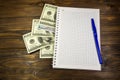 Notebook with ballpoint pen and dollar banknotes on the wooden desk Royalty Free Stock Photo
