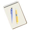 Notebook, blue pen and yellow pen